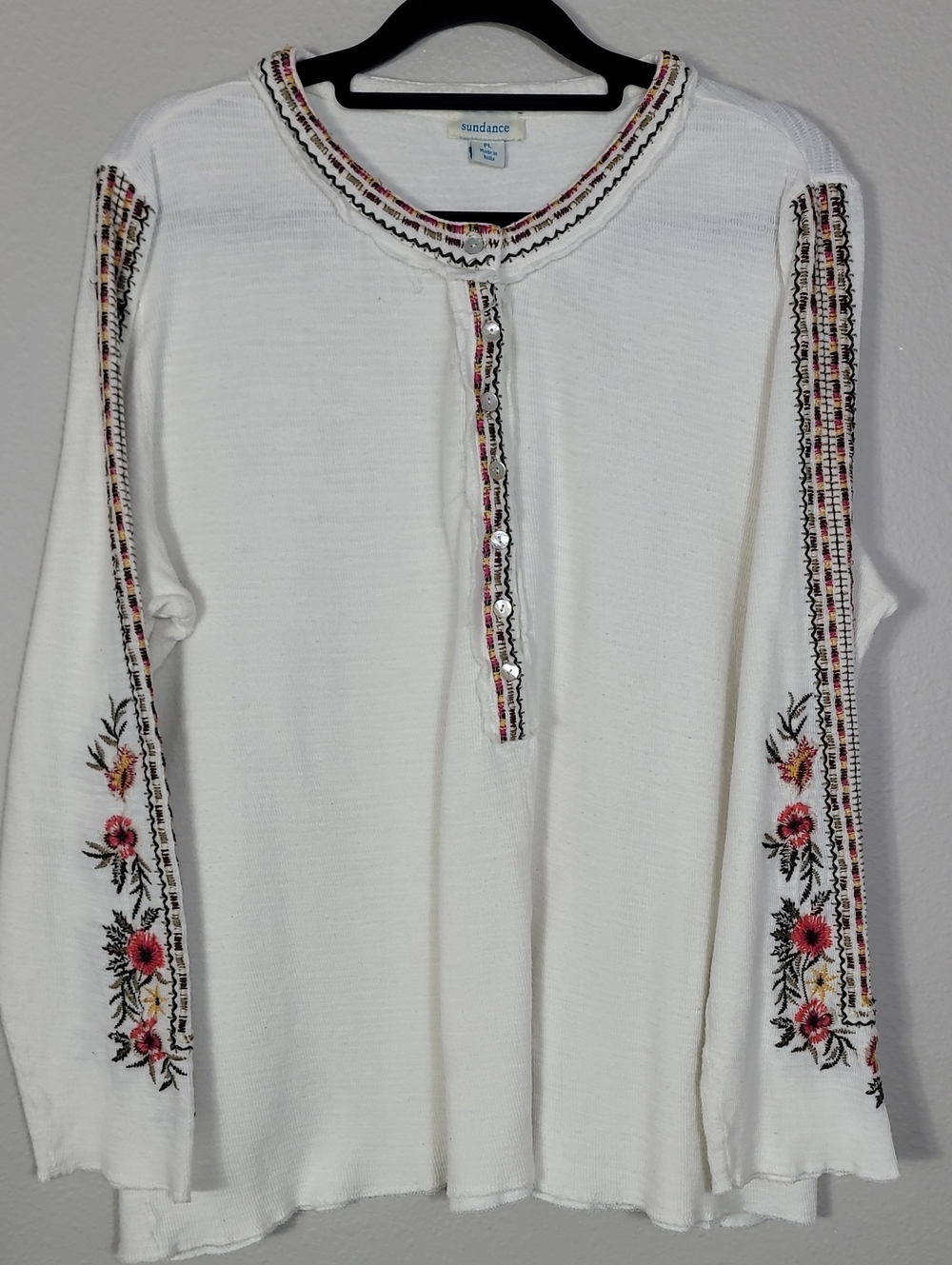 Sundance Bloomsberry Embroidered Thermal Henley Top Size Large Petite Granola
